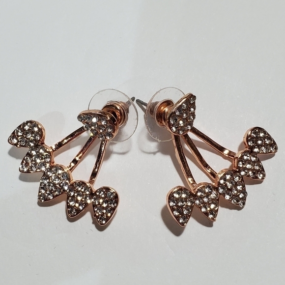 Teardrop water drop Rose goldtone hugger cuff Rhinestone pierced earrings - Picture 2 of 9